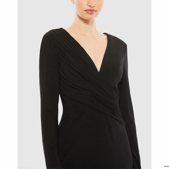 IEENA FOR MAC DUGGAL Black Jersey Asymmetrical Ruched Gown with Rhinestones Sz 8 - Picture 3 of 11